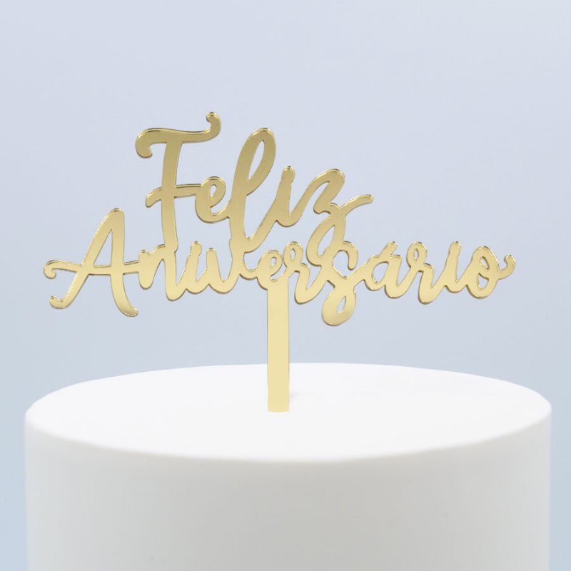 Topo de Bolo Feliz Aniversário Dourado